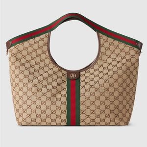 Gucci Giglio Large Beige and Brown GG Canvas Tote with Green & Red Web Trim LN